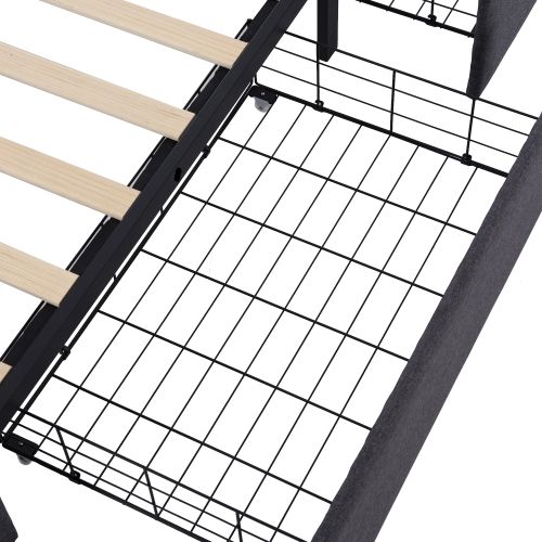 Lit Enfant 90x200cm Avec 2 Tiroirs, Cadre De Lit Avec Éclairage LED, Tête De Lit Réglable, Lin Gris