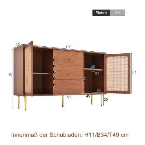 Buffet 150x40x90cm, Commode 3 Tiroirs Et 2 Portes Pour Chambres Et Tous Les Salons, 5 Pieds Dorés