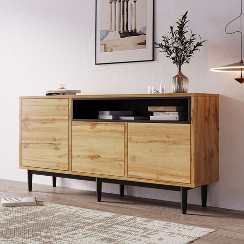 Buffet 160x35x76 Cm, Avec 3 Portes Et Étagères, 5 Pieds Noirs, En Mdf, Naturel.