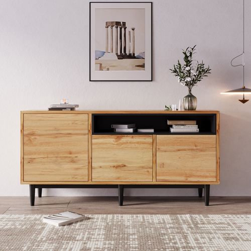 Buffet 160x35x76 Cm, Avec 3 Portes Et Étagères, 5 Pieds Noirs, En Mdf, Naturel.