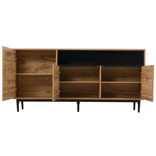 Buffet 160x35x76 Cm, Avec 3 Portes Et Étagères, 5 Pieds Noirs, En Mdf, Naturel.