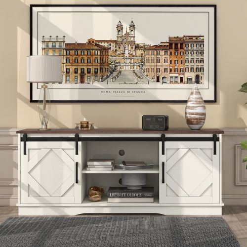 Meuble TV Avec 2 Portes Coulissantes, Étagères Réglables Pour Salon, 150 X 40 X 60 Cm, Blanc