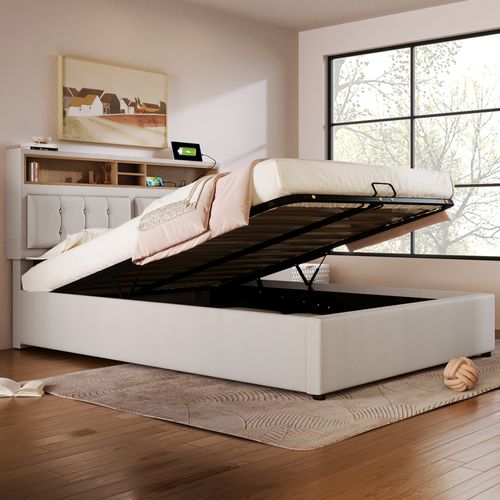 Lit Coffre 160x200cm, Lit Adulte Avec Prises, USB/type-c, Tête De Lit De Rangement, En Lin Beige