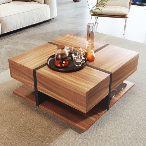 Table Basse Naturelle Avec 4 Tiroirs, Espace De Rangement En Dessous. 78 X 78 X 36 Cm