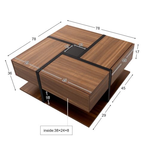 Table Basse Naturelle Avec 4 Tiroirs, Espace De Rangement En Dessous. 78 X 78 X 36 Cm