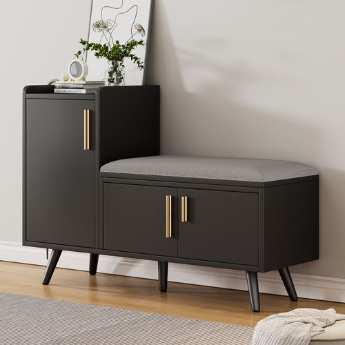 Meuble à Chaussures Avec 3 Portes De Rangement, Banc à Chaussures Noir, 100x34x69 Cm