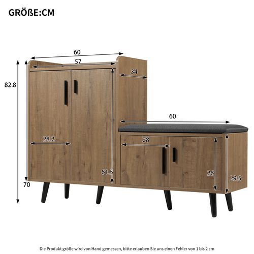 Meuble à Chaussures Avec 3 Portes De Rangement, Banc à Chaussures Naturel, 120x34x82.8 Cm