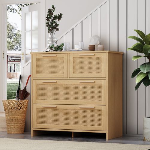Commode à 4 tiroirs en rotin naturel, 80x38x80 cm