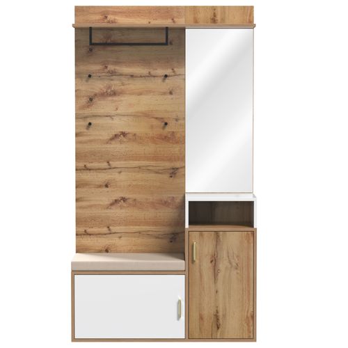 Vestiaire d’entrée avec miroir, meuble à chaussures, coussin d'assise, 4 patères, 2 portes