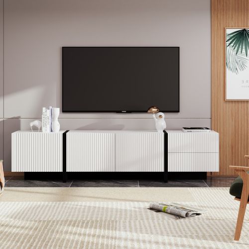 Meuble TV Avec 3 Portes Et 2 Tiroirs, 190 Cm De Long, En Mdf Et Pb, Blanc