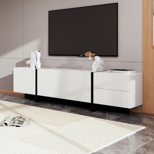 Meuble TV Avec 3 Portes Et 2 Tiroirs, 190 Cm De Long, En Mdf Et Pb, Blanc