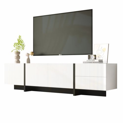 Meuble TV Avec 3 Portes Et 2 Tiroirs, 190 Cm De Long, En Mdf Et Pb, Blanc