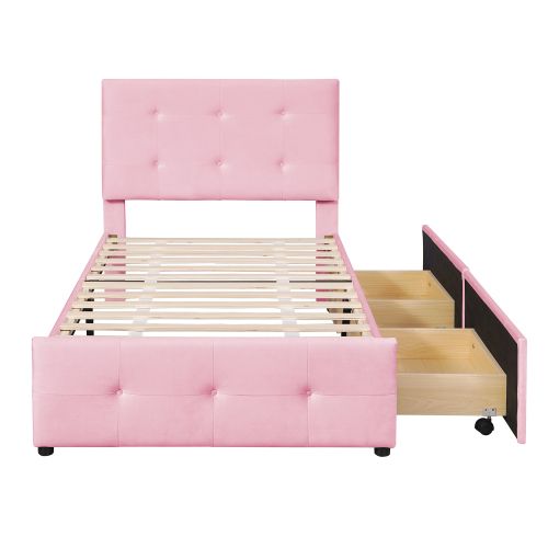 Lit Enfant 90 X 200 Cm Avec 2 Tiroirs, Sommier à Lattes, Tissu Velours Doux, Rose
