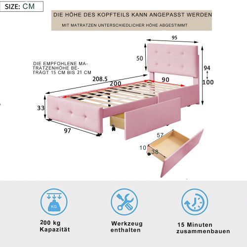 Lit Enfant 90 X 200 Cm Avec 2 Tiroirs, Sommier à Lattes, Tissu Velours Doux, Rose