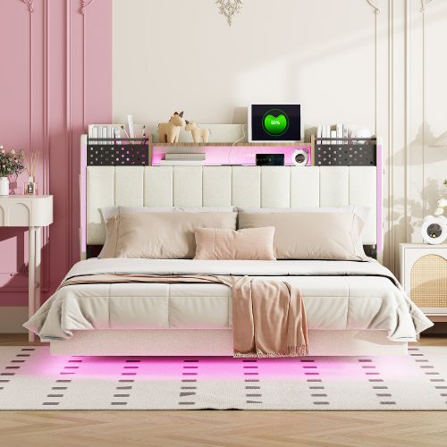 Lit Adulte 140x200 Cm, Lit Capitonné Avec LED Et Prise USB, Tête De Lit Avec Rangement, Lin, Beige