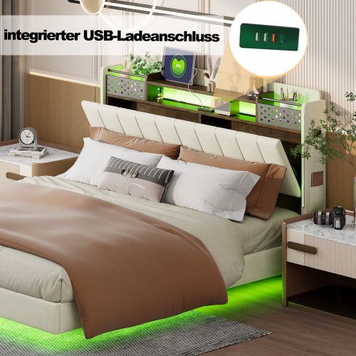 Lit Adulte 140x200 Cm, Lit Capitonné Avec LED Et Prise USB, Tête De Lit Avec Rangement, Lin, Beige