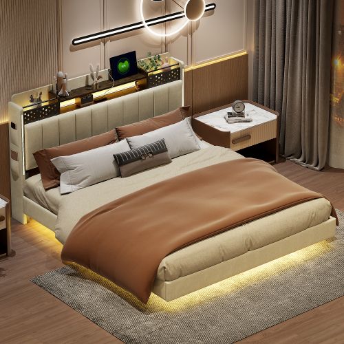 Lit Adulte 160x200 Cm, Lit Capitonné Avec LED Et Prise USB, Tête De Lit Avec Rangement, Lin, Beige