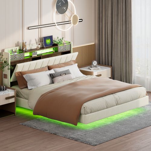 Lit Adulte 160x200 Cm, Lit Capitonné Avec LED Et Prise USB, Tête De Lit Avec Rangement, Lin, Beige