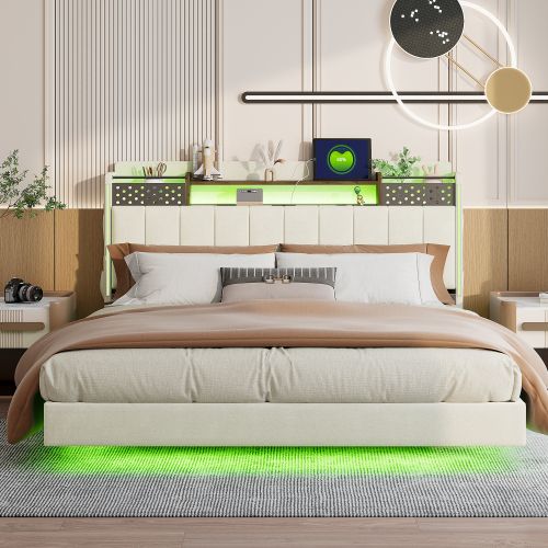 Lit Adulte 160x200 Cm, Lit Capitonné Avec LED Et Prise USB, Tête De Lit Avec Rangement, Lin, Beige