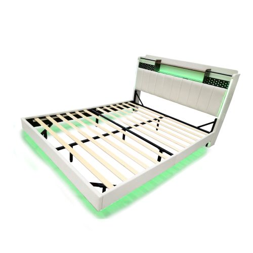 Lit Adulte 160x200 Cm, Lit Capitonné Avec LED Et Prise USB, Tête De Lit Avec Rangement, Lin, Beige