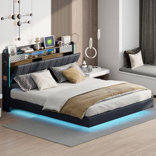 Lit Adulte 160x200 Cm, Lit Capitonné Avec LED Et Prise USB, Tête De Lit Avec Rangement, En Lin, Gris