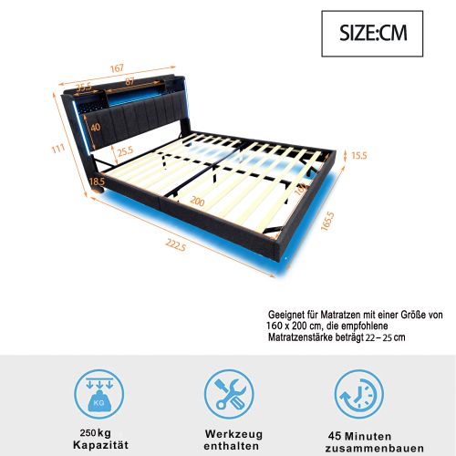Lit Adulte 160x200 Cm, Lit Capitonné Avec LED Et Prise USB, Tête De Lit Avec Rangement, En Lin, Gris