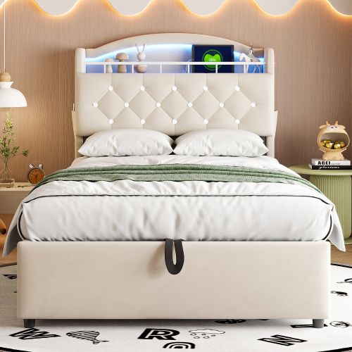 Lit Coffre Enfant 90x200 Cm, Lit Multifonctionnel Avec Rangement Avec LED Et USB, En Velours, Beige