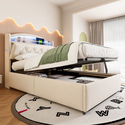 Lit Coffre Enfant 90x200 Cm, Lit Multifonctionnel Avec Rangement Avec LED Et USB, En Velours, Beige