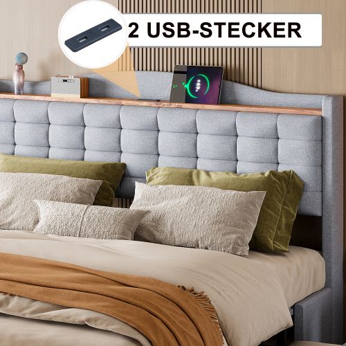 Lit Adulte 160x200 Cm Avec 4 Tiroirs, Table De Chevet Avec Port De Charge USB Et Rangement, Lin Gris