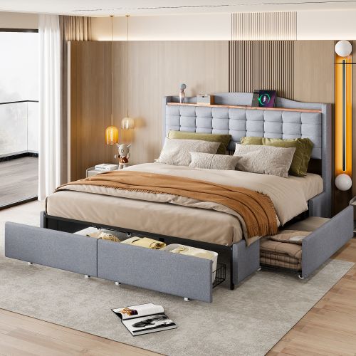Lit Adulte 160x200 Cm Avec 4 Tiroirs, Table De Chevet Avec Port De Charge USB Et Rangement, Lin Gris
