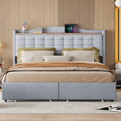 Lit Adulte 160x200 Cm Avec 4 Tiroirs, Table De Chevet Avec Port De Charge USB Et Rangement, Lin Gris