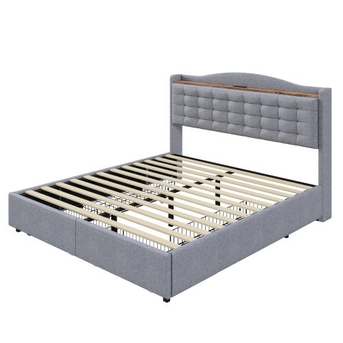 Lit Adulte 160x200 Cm Avec 4 Tiroirs, Table De Chevet Avec Port De Charge USB Et Rangement, Lin Gris