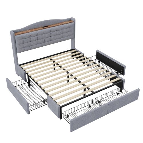 Lit Adulte 160x200 Cm Avec 4 Tiroirs, Table De Chevet Avec Port De Charge USB Et Rangement, Lin Gris