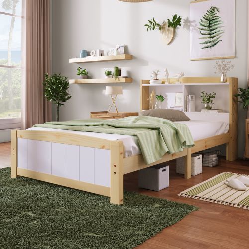Lit Enfant 90 X 200 Cm Avec Tête De Lit Rangement, Cadre De Lit Avec Sommier, Pin, Naturel Et Blanc