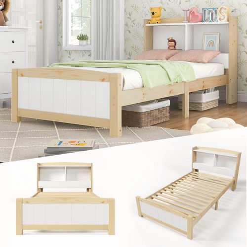 Lit Enfant 90 X 200 Cm Avec Tête De Lit Rangement, Cadre De Lit Avec Sommier, Pin, Naturel Et Blanc
