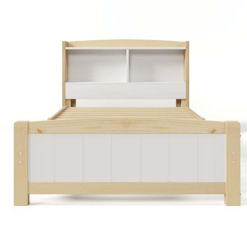 Lit Enfant 90 X 200 Cm Avec Tête De Lit Rangement, Cadre De Lit Avec Sommier, Pin, Naturel Et Blanc