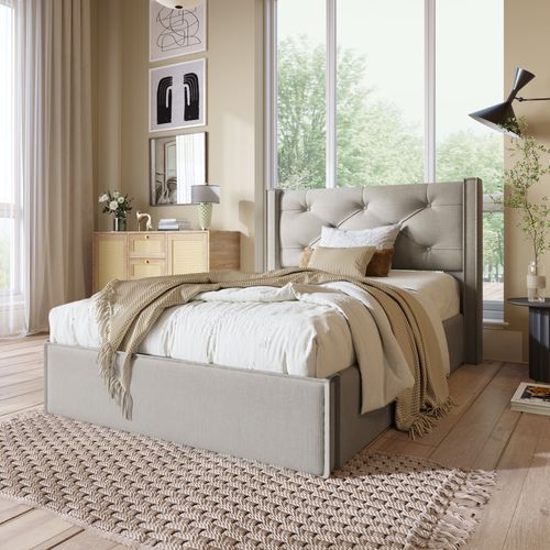 Lit Coffre Enfant 90x200 Cm, Lit Rembourré Avec Espace De Rangement, Gris Clair