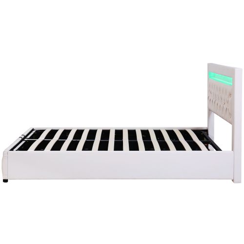 Lit Coffre 160x200 Cm, Lit Coffre Capitonné Avec Sommier à Lattes Et Éclairage LED, Pu, Blanc