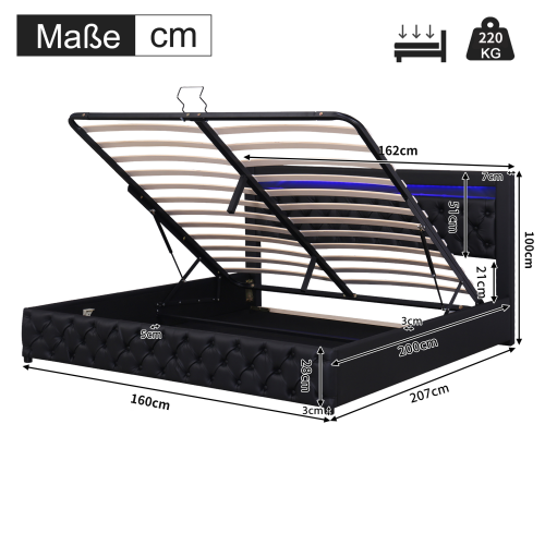 Lit Coffre 160x200 Cm, Lit Coffre Capitonné Avec Sommier à Lattes Et Éclairage LED, Pu, Noir