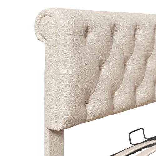 Lit Coffre 140x200 Cm, Lit Coffre Capitonné Avec Fonction Hydraulique, Sommier à Lattes, Beige Gris