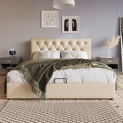 Lit Coffre Adulte 160x200 Cm, Tête De Lit Réglable, Cadre De Lit Avec Rangement, Lin Naturel