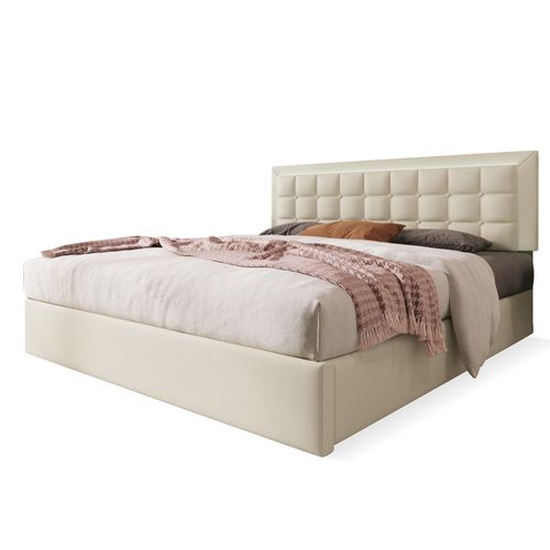 Lit Coffre 140x200 cm Avec Rangement, Lit Adulte Avec Éclairage LED, En Pu Blanc