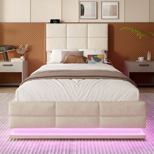Lit Coffre Enfant 90x200 Cm En Velours Beige Avec LED, Ports USB-c, Tête Réglable