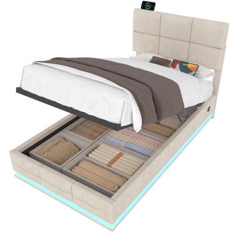 Lit Coffre Enfant 90x200 Cm En Velours Beige Avec LED, Ports USB-c, Tête Réglable