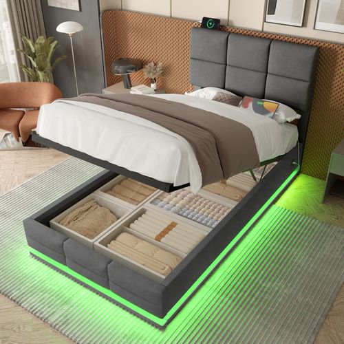 Lit Coffre Enfant 90x200 Cm En Velours Gris Avec LED, Ports USB-c, Tête Réglable