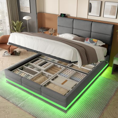 Lit Coffre Adulte 140x200 Cm En Velours Gris Avec LED, Ports USB-c, Tête Réglable