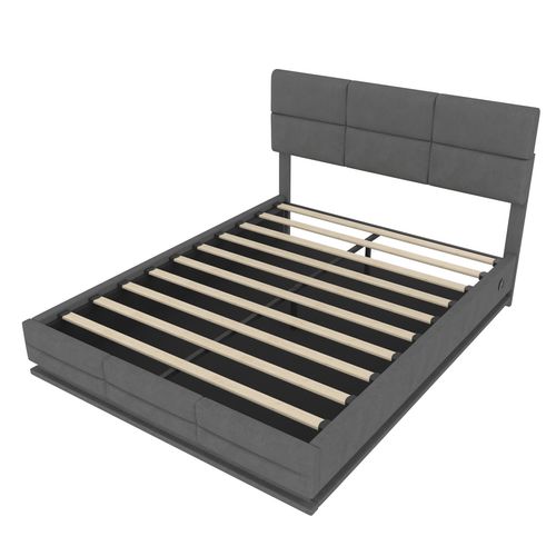 Lit Coffre Adulte 140x200 Cm En Velours Gris Avec LED, Ports USB-c, Tête Réglable