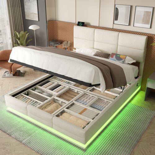 Lit Coffre Adulte 160x200 Cm En Velours Beige Avec LED, Ports USB-c, Tête Réglable