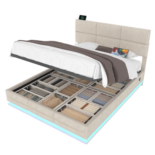 Lit Coffre Adulte 160x200 Cm En Velours Beige Avec LED, Ports USB-c, Tête Réglable