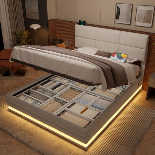 Lit Coffre Adulte 180x200 Cm En Velours Beige Avec LED, Ports USB-c, Tête Réglable